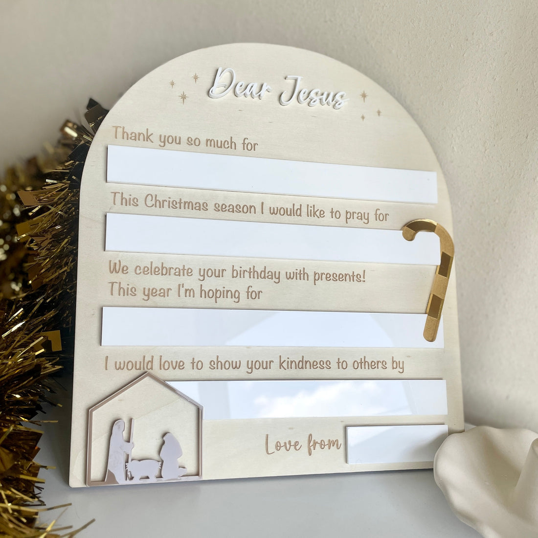 Reusable Letter to Jesus Plaque, a wooden keepsake for writing an annual letter to Jesus