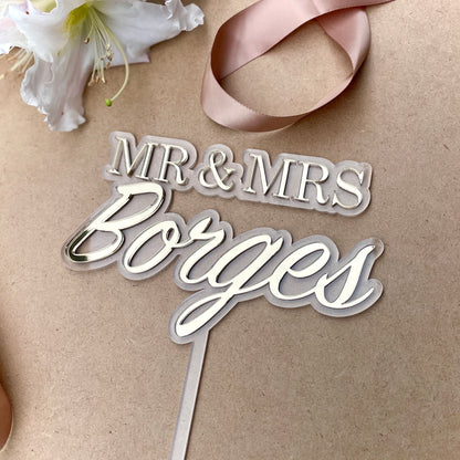 Mr and Mrs Cake Topper | Mirrored Acrylic | Double Layer