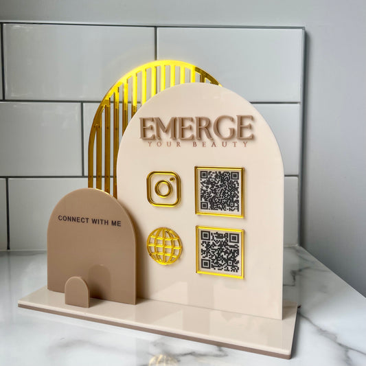 QR Code Sign | Double Panel Mirrored Acrylic | 2 QR Codes | Business Card Holder