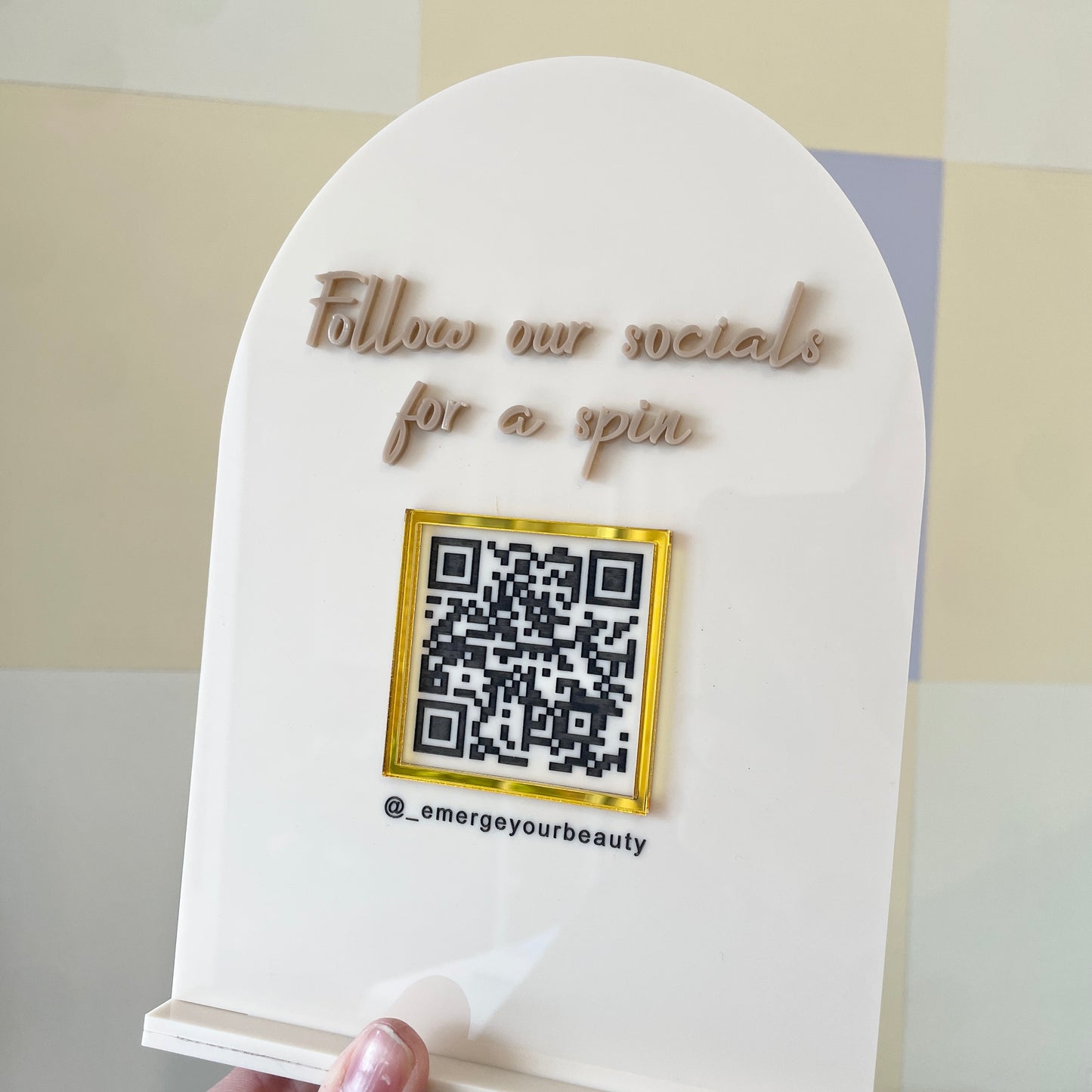 “Follow to Spin” Acrylic Tabletop Sign | A5 + QR Code - Remarkable Creations