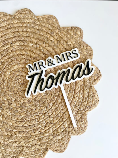Mr and Mrs Cake Topper | Black and White | Double Layer